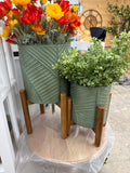 Sage Metal Planter On Wood Stand