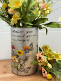 8" Poppy Flower Hurricane W/ Butterfly Design Glass Luminary w/ Light Strand w Timer