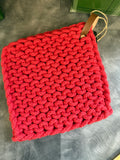 Chunky Red Knit Pot Holder with Leather Strap