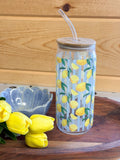 25 oz Glass Cup with Lemon Pattern & Straw