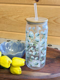 25 oz Glass Cup with Hydrangea Pattern & Straw