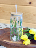 25 oz Glass Cup with Fern Pattern & Straw