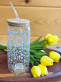 25 oz Glass Cup with Floral Pattern & Straw